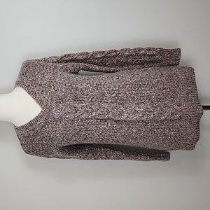 Adrienne Vittadini Grey/Brown Cable Knit V-Neck Sweater
